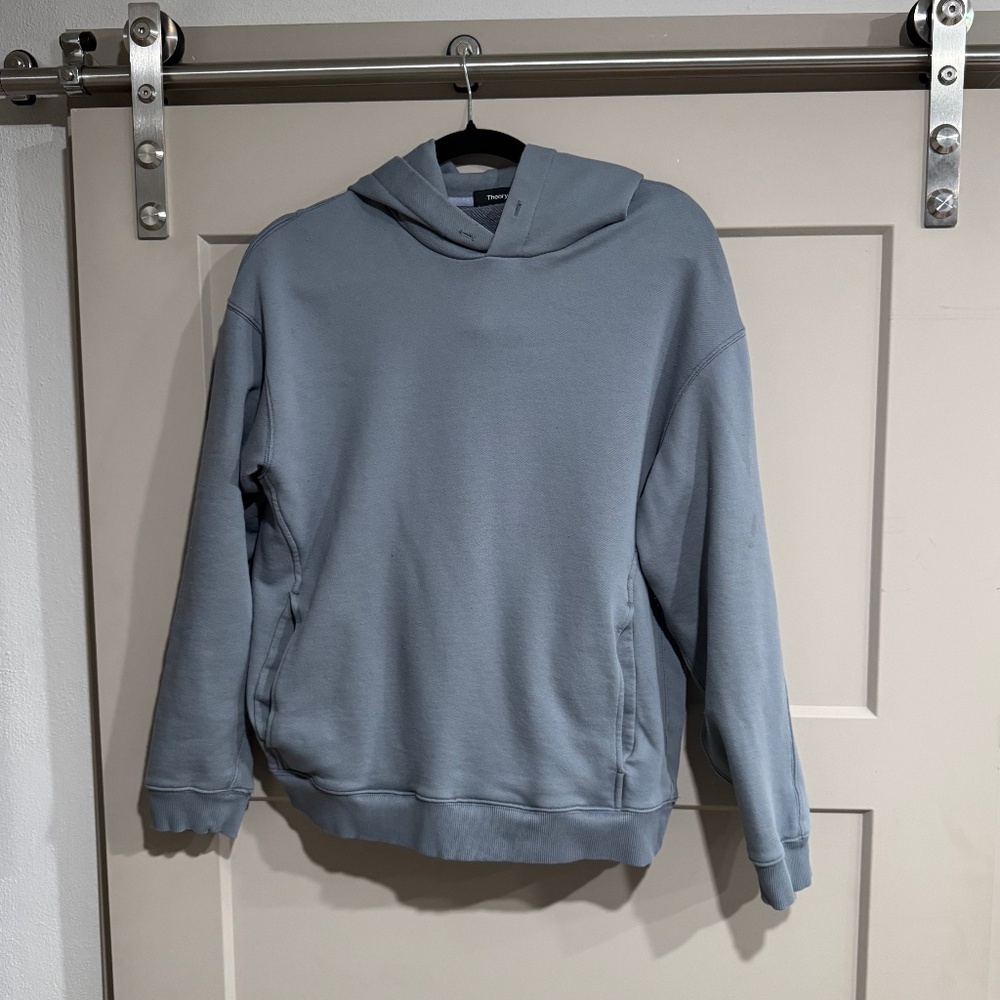 Theory Hoodie Mens Medium Gray Blue Terry Cotton Sweatshirt Pullover